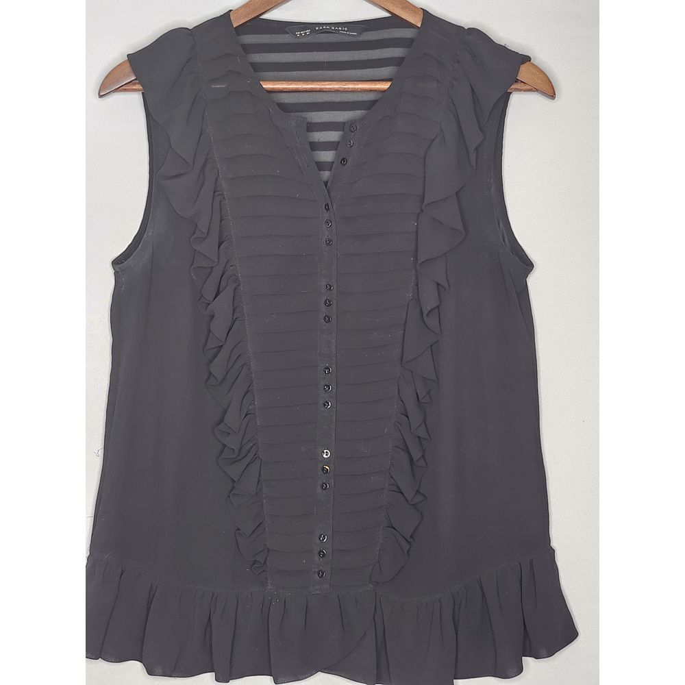 Zara Womans Sheer Sleeveless Top Med Black Tuxedo Front Triple Buttons‎ Ruffled
